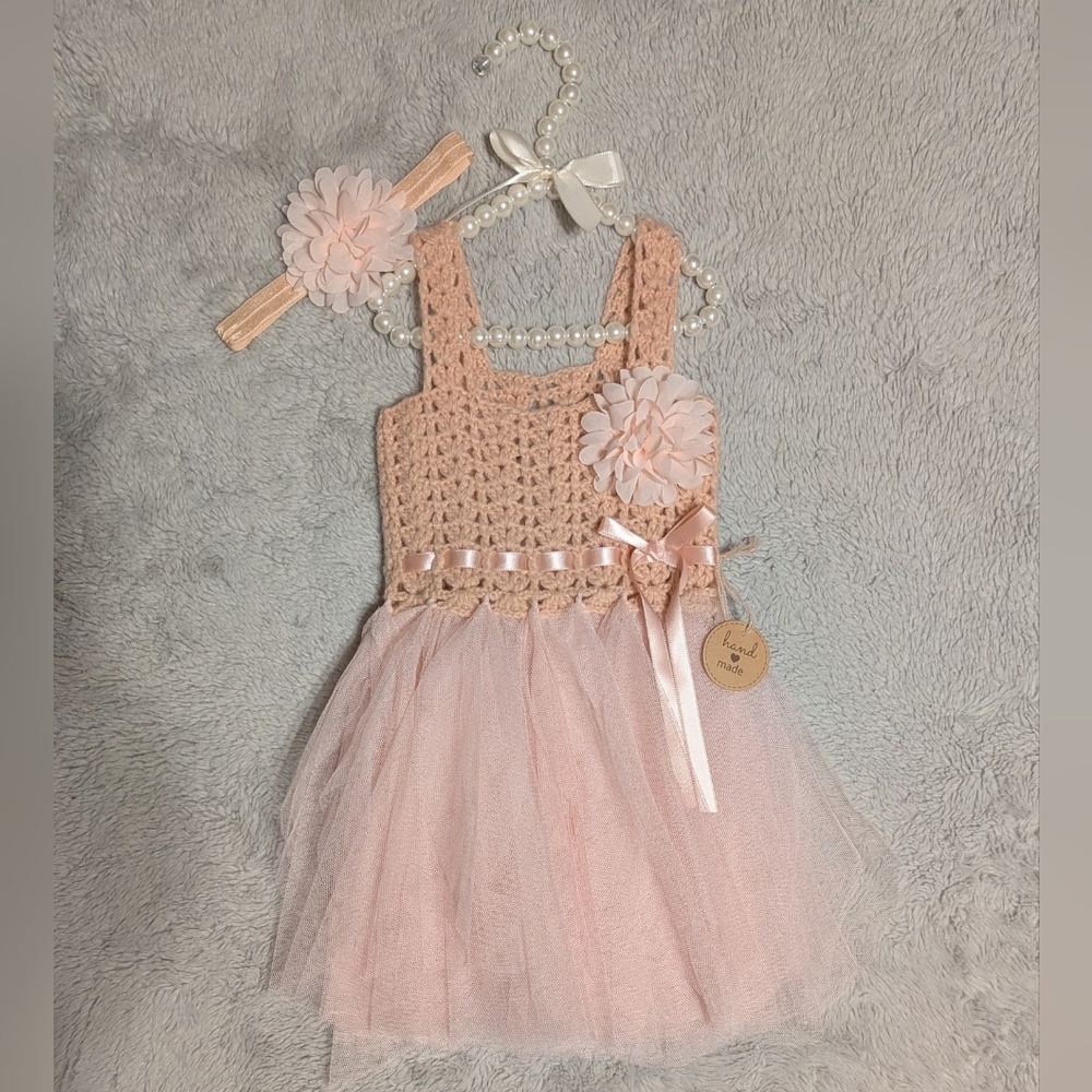 Girls Crocheted Tulle Dress with Headband